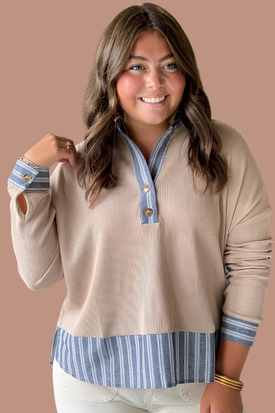 Plus Size Women's Stylish Long Sleeve Waffle Stripe Patchwork Shirt in Parchment - Comfortable and Trendy Fit