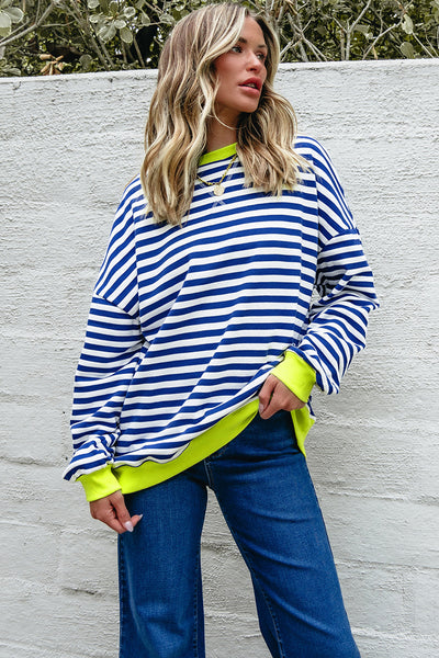 Women's Breton Stripe Cotton Sweatshirt with Neon Trim