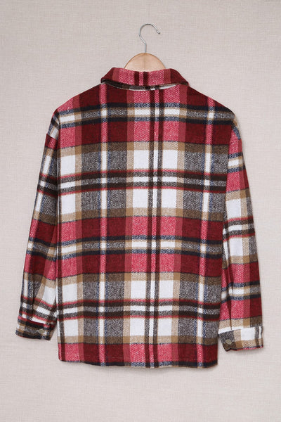 Chic Fiery Red Geometric Plaid Shacket for Women - Stylish Fall Layering Essential with Convenient Pockets