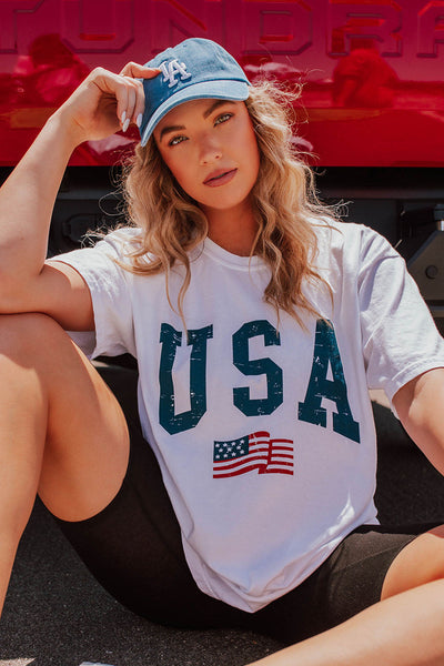 Patriotic Oversized White Tee with USA Flag Print