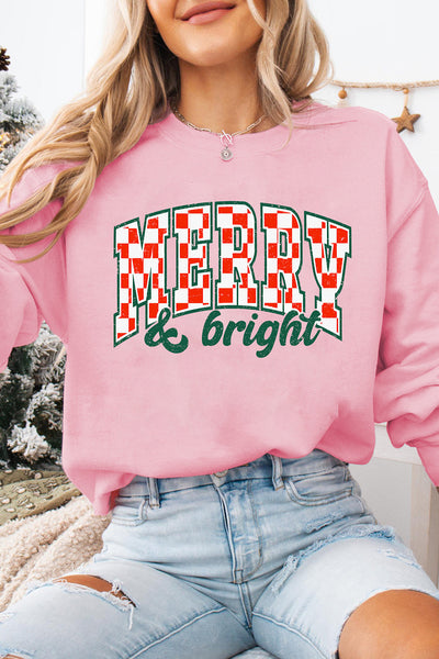 Women's Pink Merry and Bright Checkered Holiday Sweatshirt with practical styling and dependable silhouette control.