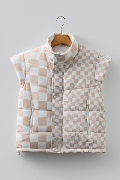 Women's Khaki Checkered Quilted Vest with Mock Neck