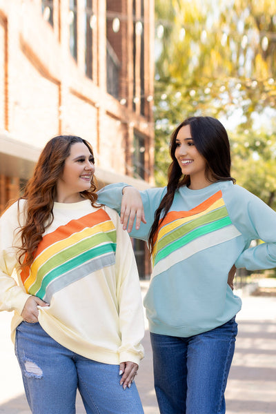 Cozy Women's Beau Blue Rainbow Colorblock Striped Pullover Sweatshirt for Casual Chic Style and Comfort
