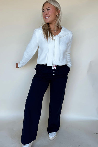 Stylish Women's Black Bow Tie Loose-Fit Pants with Elastic Waist and Button Accents for Ultimate Comfort and Versatility