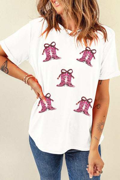 Women's Sequin Western Boot Graphic Tee in Cream