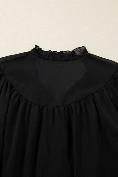 Chic Plus Size Women's Black Chiffon Top with Ruffle Balloon Sleeves Stylish, Comfortable, Perfect for Any Occasion
