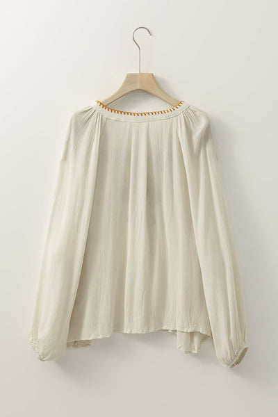 Chic Women's Beige Floral Embroidered Puff Sleeve Top - Loose Fit, Textured Design for Effortless Style