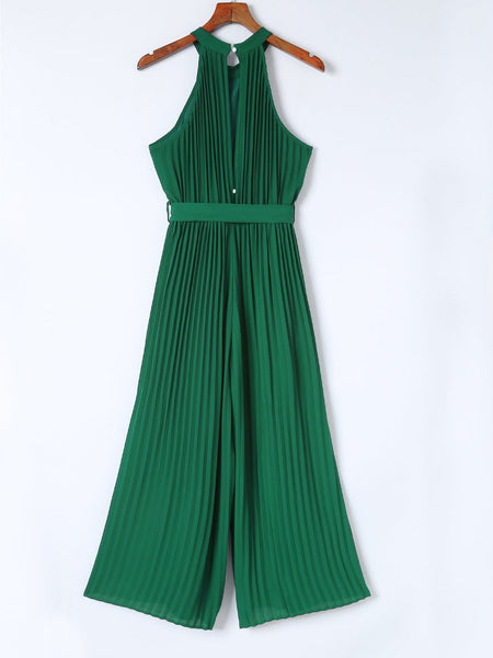 Solid Chic Sleeveless Slanted Shoulder Tie Waist Wide Leg Jumpsuit