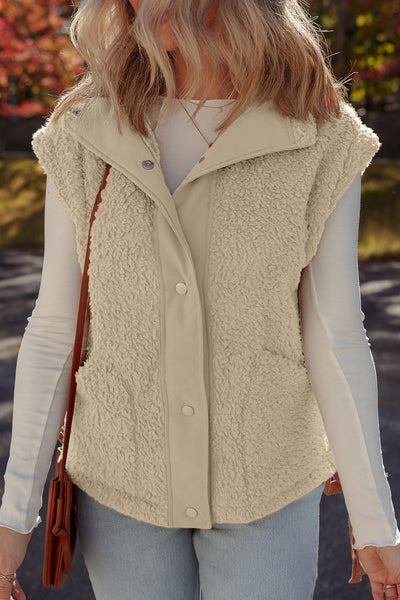 Chic Beige Faux Fur Vest for Women with Snap Front, Side Knot Detail, and Handy Pockets - Perfect for Stylish Layering