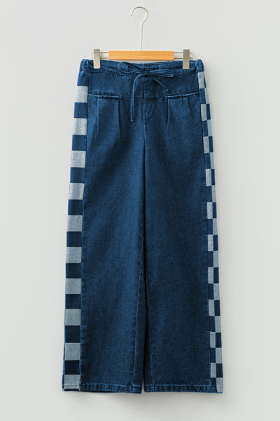 Women's Sail Blue Checkered Side Panel Denim Pants