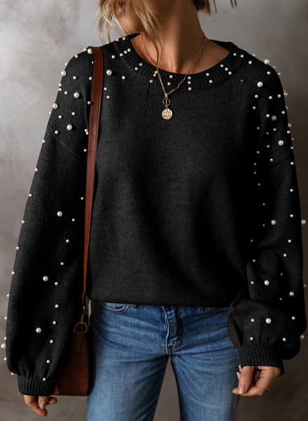 Elegant Black Pearled Drop Shoulder Sweater for Women - Cozy Round Neck Knit Top with Stylish Design and Comfortable Fit