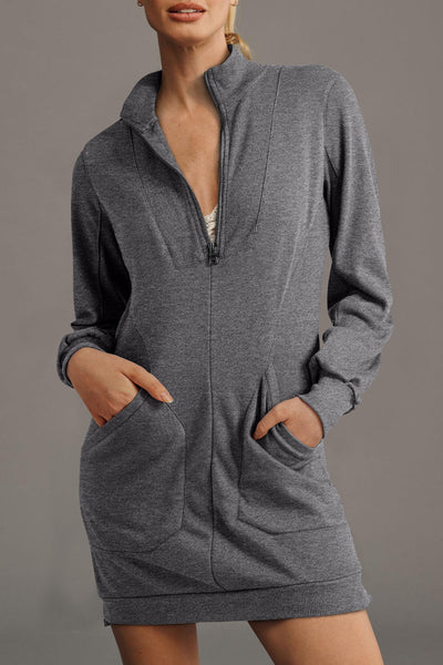 Women's Dark Grey Half-Zip Sweatshirt Dress in Premium Cotton Blend