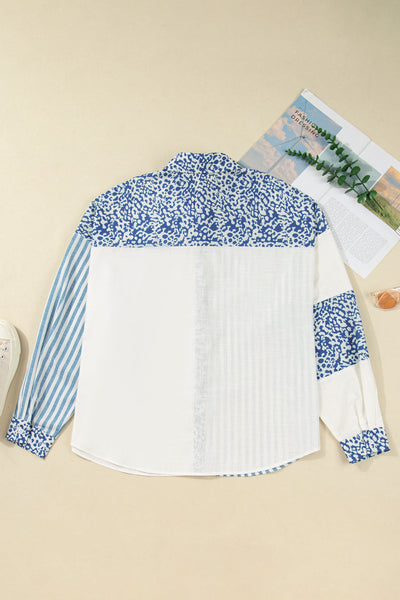 Plus Size Women‚Äôs Casual Sky Blue Leopard Print Patchwork Shirt - Stylish & Comfortable Everyday Wear