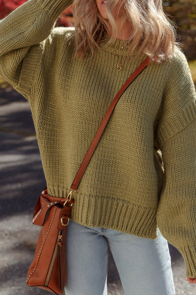Cozy Guacamole Green Ruffled Sweater for Women - Relaxed Fit Chunky Knit for Effortless Style and Comfort