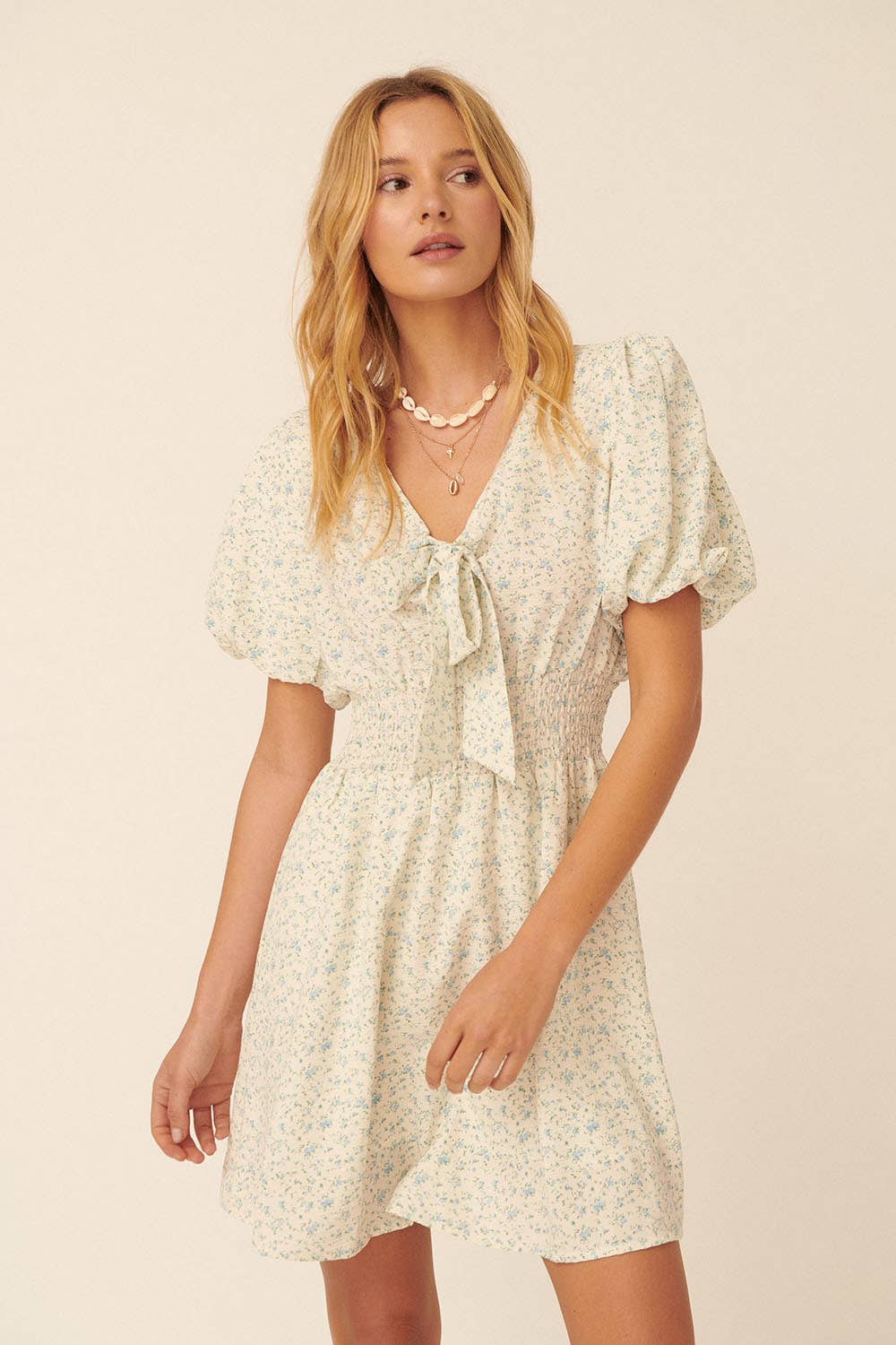 Floral V Neck Tie Puff Sleeve Smock Mini Dress