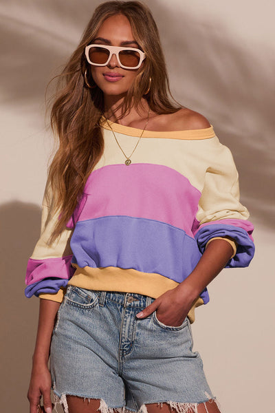 Trendy Women's Color Block Cropped Sweatshirt with Drop Shoulders in Chic Patchwork Design for Casual Comfort