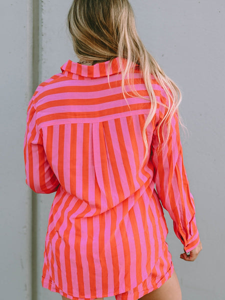 Orange Stripe Print Shirt and Shorts Lounge Set
