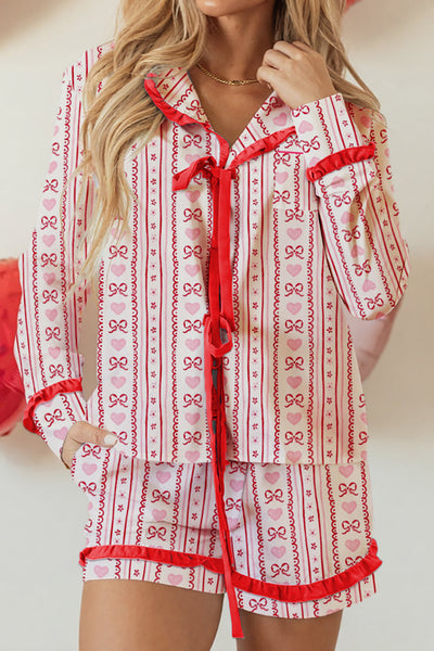 Women's Comfortable Red Floral Heart Print Long Sleeve Pajama Set with Bow Detail and Contrast Trim for Sleepwear