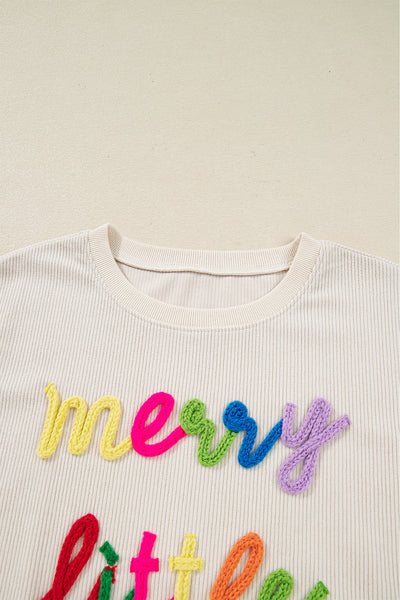 Beige Ribbed Loose Sweatshirt for Women with Corded Letter Graphic - Cozy Casual Top for Effortless Everyday Style