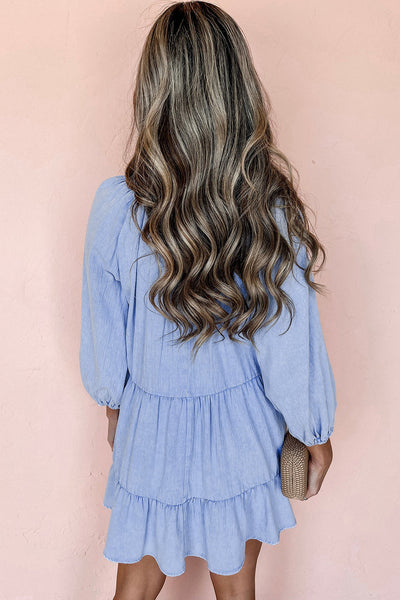 Flirty Women's Beau Blue Chambray Mini Dress with Puff Sleeves, V-Neck, and Tiered Ruffles for Summer Style