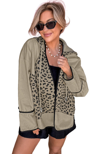 Chic Women's Khaki Leopard Star Hooded Jacket with Contrast Piping - Trendy Open Front for Effortless Layering