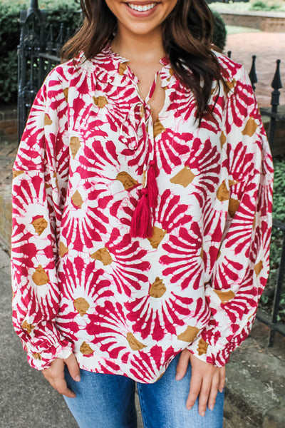 Chic Women's Red Floral Blouse with Tassel Tie Neck - Long Sleeve Top for Trendy Spring Fashion