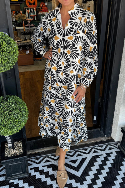 Elegant Women's Black Floral Print Long Sleeve Dress with Split V-Neck Trendy Style for Special Occasions and Events