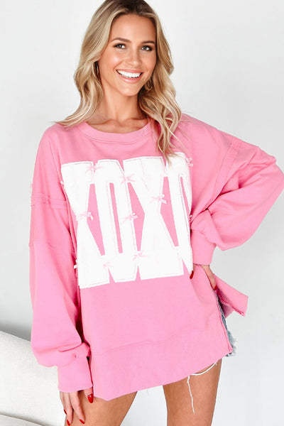 Trendy Women's Pink Bow Sequin XOXO Graphic Sweatshirt - Chic Baggy Fit with Exposed Seams for Casual Style
