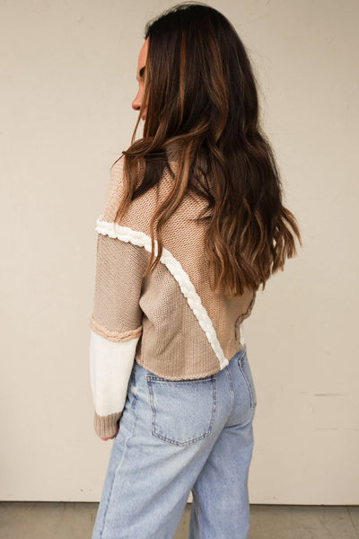 Women's Cozy Khaki Color Block Knit Sweater with Braided Trim Stylish Casual Patchwork Design for Everyday Wear