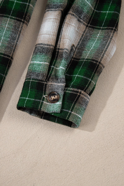 Women's Stylish Green Plaid Hooded Shacket with Chest Pocket - Perfect Casual Layer for Fall and Winter Fashion
