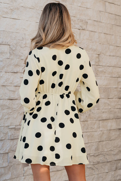 Trendy Women's Beige Polka Dot Surplice Mini Dress with Puff Sleeves Perfect for Casual Summer Outings