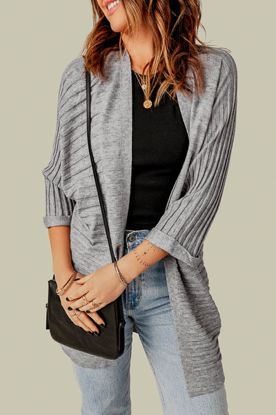 Chic Gray Ribbed Open Front Cardigan for Women - Cozy Knit Layering Essential for Stylish Fall Looks