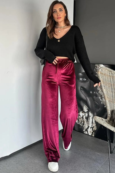 Women's Shiny Velvet High Waist Straight Leg Casual Pants in Pitaya Pink - Comfortable & Stylish for Everyday Fashion