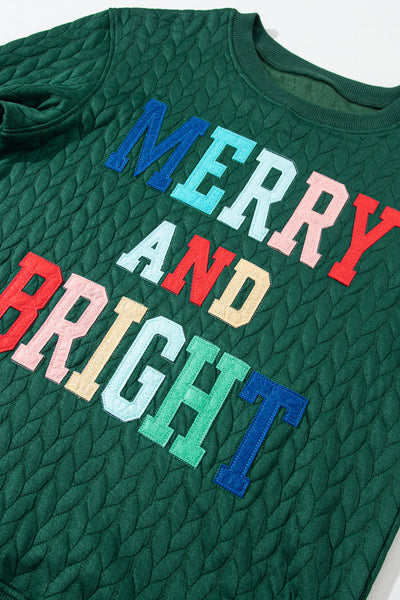 Women's Blackish Green Merry & Bright Cable Knit Pullover Sweatshirt - Cozy Holiday Style, Perfect for Winter Layers