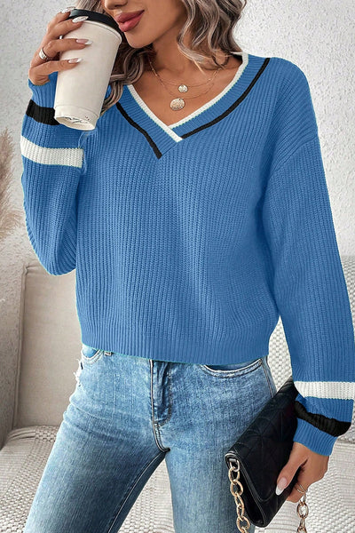 Cozy Women's Blue Striped V-Neck Sweater with Drop Shoulders - Chic Casual Style for Effortless Everyday Fashion