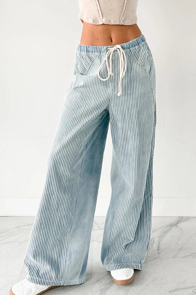 Stylish Women's Sky Blue Wide Leg Patchwork Jeans with Contrast Stripes and Adjustable Drawstring for a Perfect Fit