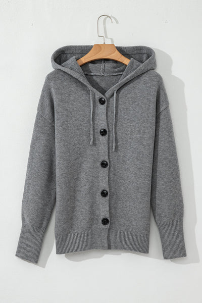 Cozy Women's Medium Grey Hooded Cardigan Sweater with Button-Up Closure and Drop Shoulders for Effortless Style