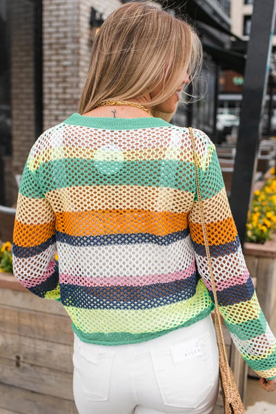 Chic Women's Green Colorblock Knit Sweater with Crochet Eyelet Detail - Cozy, Stylish, Perfect for Any Occasion