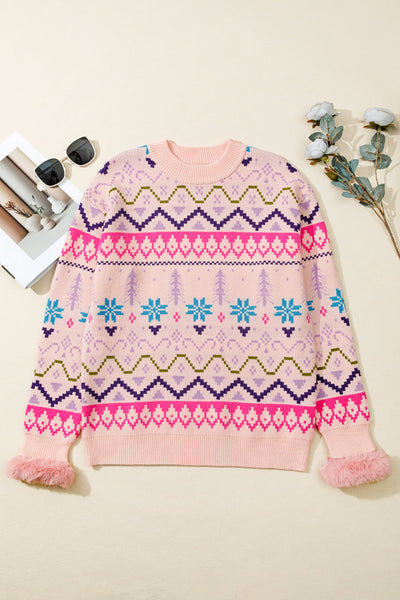 Cozy Women's Multicolor Ethnic Christmas Sweater with Feather Cuffs - Perfect for Stylish Holiday Festivities