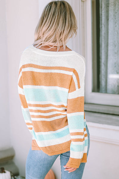 Trendy Women's Multicolor Colorblock Stripe Sweater with Split Hem - Long Sleeve Stylish Knit for Effortless Layering