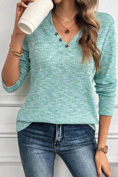 Women's Stylish Moonlight Jade Long Sleeve V-Neck Knit Top with Button Details - Comfortable Everyday Fit