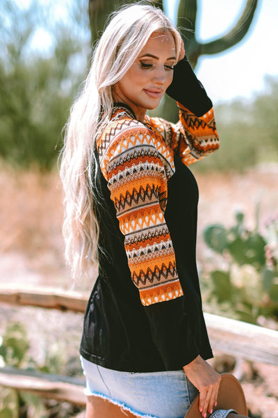 Women's Orange Geo Print Long Sleeve Raglan Tee with Patchwork Design Casual and Comfortable Fit