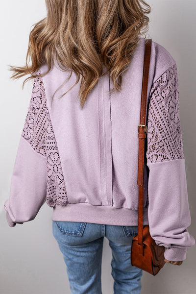 Chic Women's Orchid Petal Knit Sweatshirt with Crochet Accents, Exposed Seams, and Cozy Ribbed Trim for Effortless Style