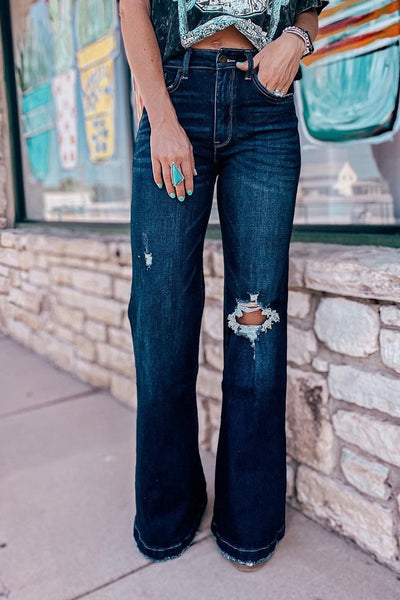 Trendy Women's Real Teal High Rise Ripped Bell Bottom Jeans - Vintage Style for a Flattering, Chic Fit