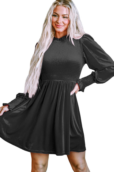 Chic Women's Black Velvet Party Dress with Frilled Neckline and Smocked Bodice for Elegant Occasions