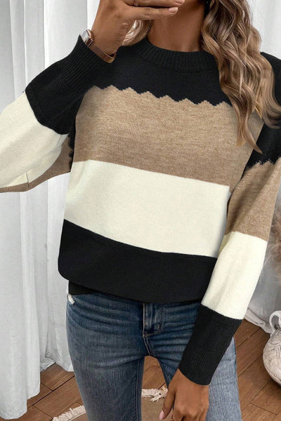 Stylish Women's Black Colorblock Crew Neck Sweater with Drop Shoulders for Ultimate Comfort and Effortless Chic