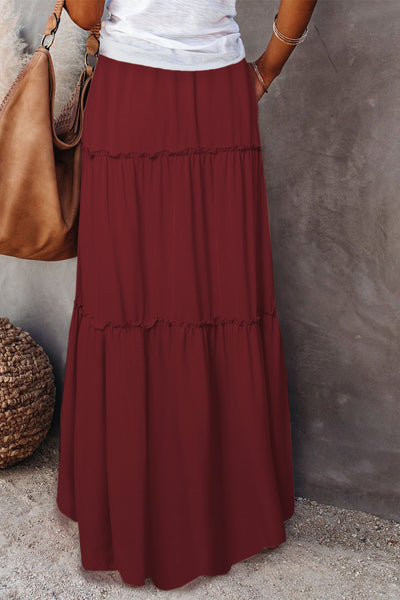 Women's Deep Crimson Tiered Maxi Skirt with Drawstring Waist