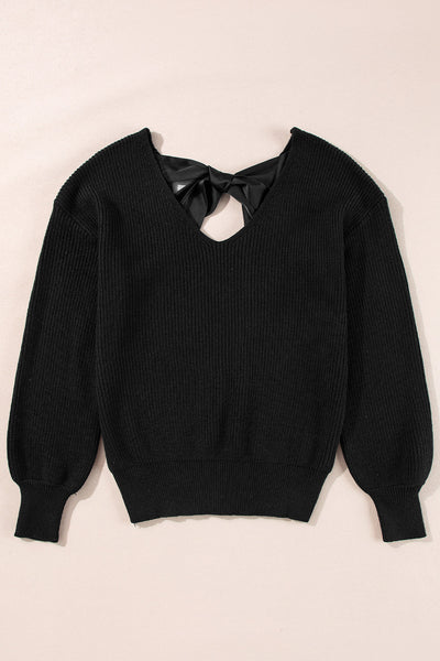 Cozy Women's Black Lantern Sleeve V-Neck Sweater with Knot Back Stylish and Comfortable for Every Occasion