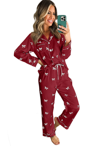 Charming Red Bow Print Women's Two-Piece Sleepwear Set for Cozy Nights and Weekend Relaxation