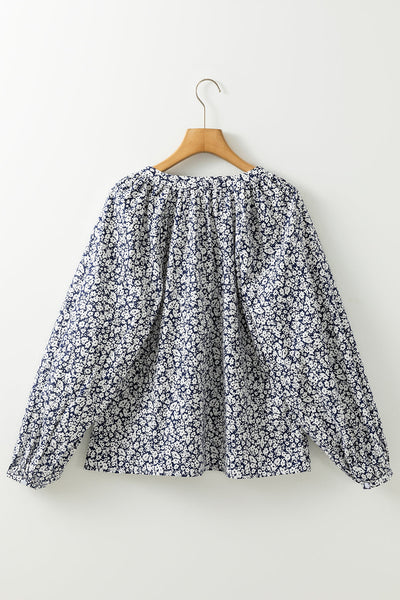 stylish women's blue floral puff sleeve blouse with notched v-neck - comfortable summer top for effortless chic made for easy styling and wardrobe